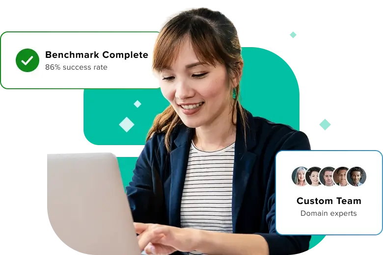 ai-benchmarking-hero Professional reviewing AI benchmarking dashboard showing an 88% success rate for model performance.