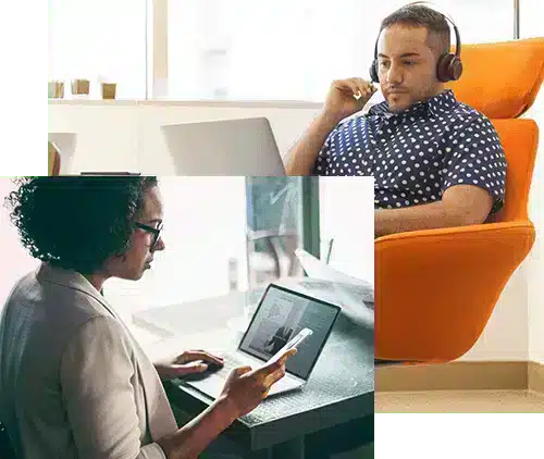 Collage of person in a office chair with a headset on looking at a laptop. Overlay image of person holding an looking at a phone while on their laptop in a kitchen.